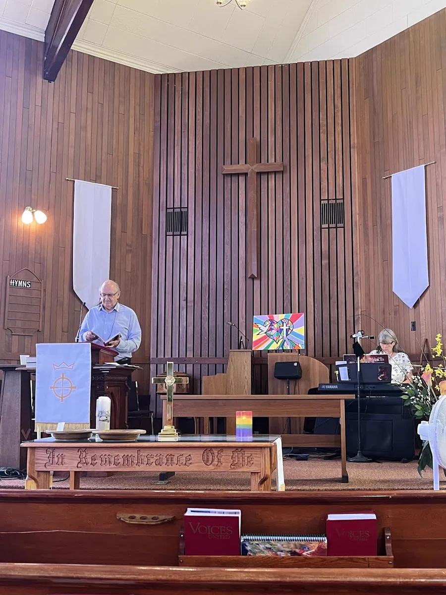 Sunday worship at St. Paul’s with our affirming rainbow cross artwork